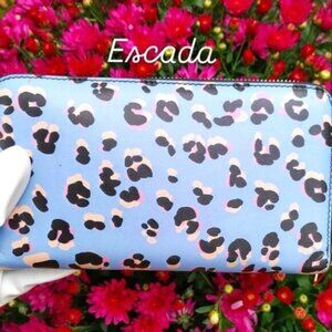 Escada Leather Purple Leopard Continental Wallet $550